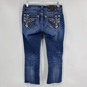 Miss Me Cross Wings Embellished ALTERED/CROPPED Thick Stitch Jeans Blue Size 27